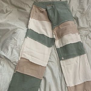 GREEN, TAN & WHITE PATCHWORK JEANS